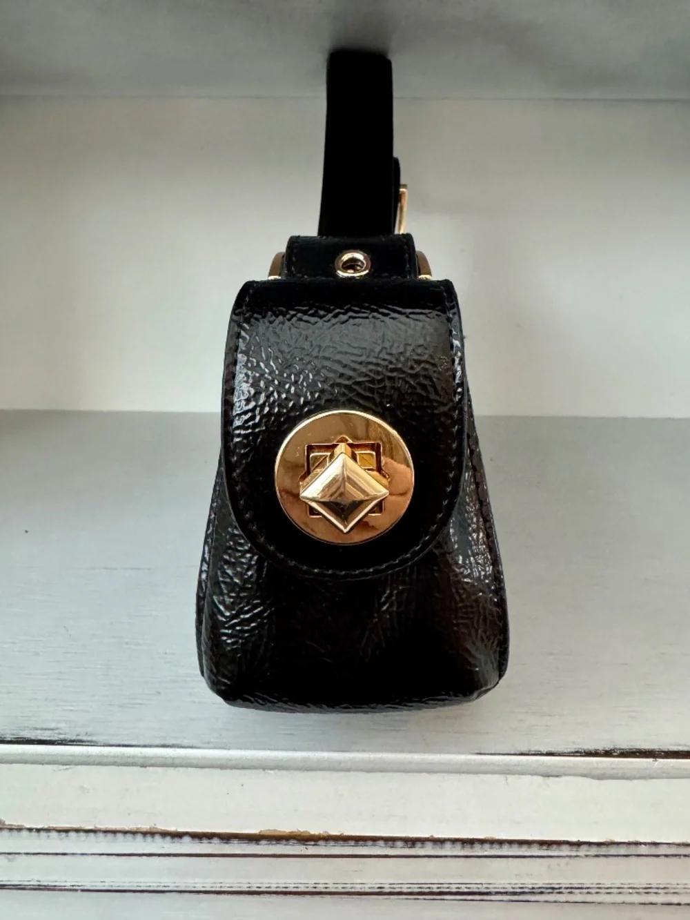 Manc Aurora Micro Black Gold Glossy Calf‎ Leather Shoulder Purse